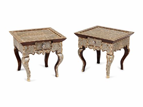 A Pair of Syrian Pewter and Mother-of-Pearl Inlaid Side Tables
