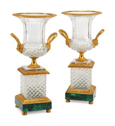 A Pair of Gilt Metal Mounted Cut Glass and Malachite Urns
