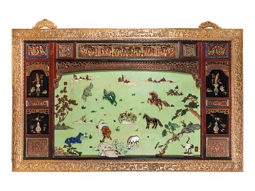 A Large Chinese Export Gilt Bronze-Framed Carved Lacquer and Hardstone Inlaid Wall Panel