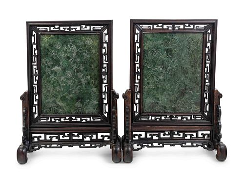 A Pair of Chinese Export Spinach Jade and Pierce Carved Hardwood Table Screens