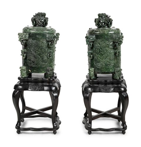 A Pair of Chinese Export Carved Hardstone Covered Vessels and Fitted Carved Hardwood Stands