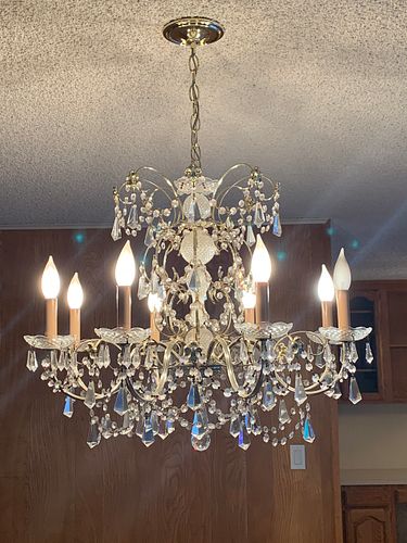 Vintage Brass & Cut Glass Chandelier with 8 Lights