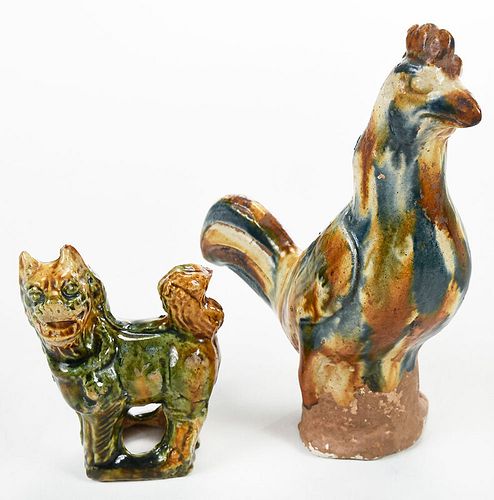 Chinese Sancai Glazed Pottery Cockerel, Foo Dog