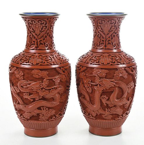 Pair Chinese Cinnabar Dragon Motif Vases