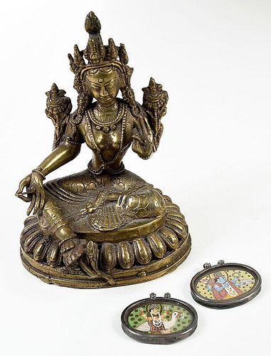 Two Indian Miniature Paintings and Bronze Tara