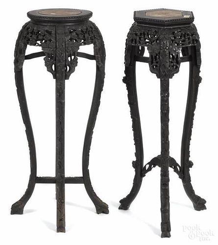 Two Chinese carved hardwood marble top pedestals