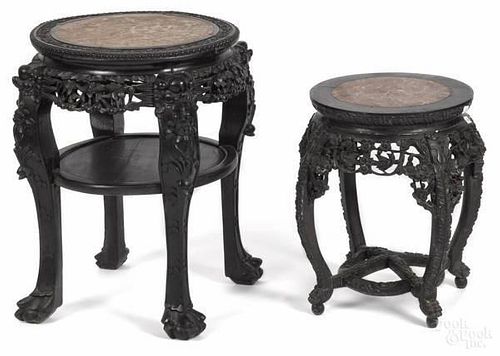 Two Chinese carved hardwood marble top tables, c
