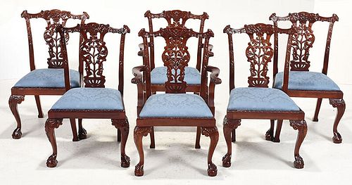 Set Six Chippendale Style Carved Dining Chairs