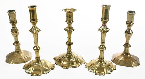 Five Georgian Brass Candlesticks