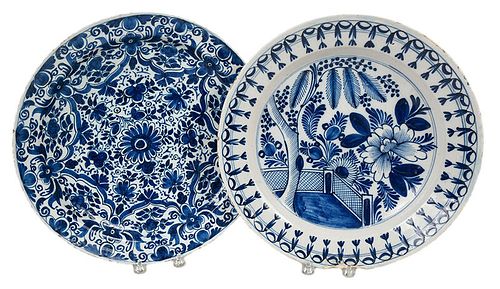 Two Blue and White Decorated Delftware Chargers