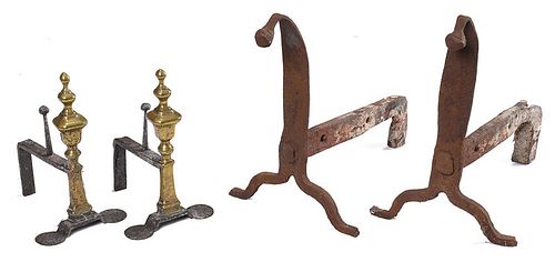 Two Pairs of Wrought Iron/Brass Andirons 