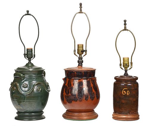 Three Earthenware Jars Mounted as Lamps