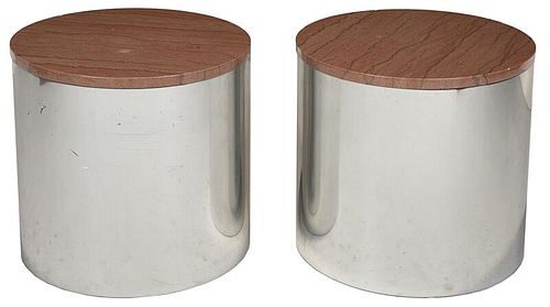 Pair Contemporary Aluminum and Stone Top Tables