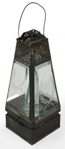 Early Metal and Engraved Glass Oil Lantern