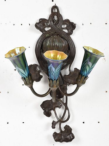 Bronze Sconce, Orient & Flume Art Glass Shades