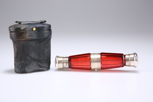 A VICTORIAN CRANBERRY GLASS FOLDING DOUBLE-ENDED SCENT BOTT