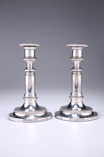 A PAIR OF OLD SHEFFIELD PLATE TELESCOPIC CANDLESTICKS, each