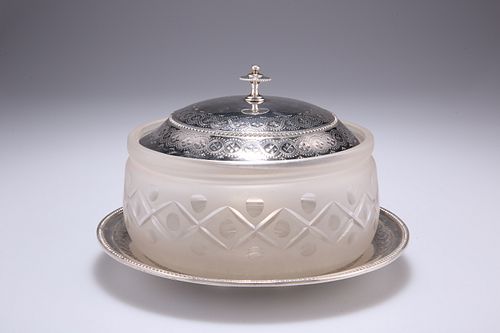A VICTORIAN GLASS BUTTER DISH WITH SILVER LID, by Thomas Br