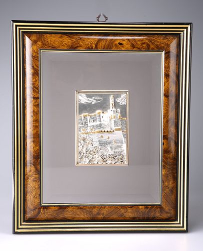 A BURRWOOD FRAMED SILVER PLAQUE, the rectangular two-tone p