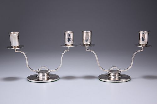 A PAIR OF GEORGE VI SILVER TWO-LIGHT CANDELABRA, maker's ma