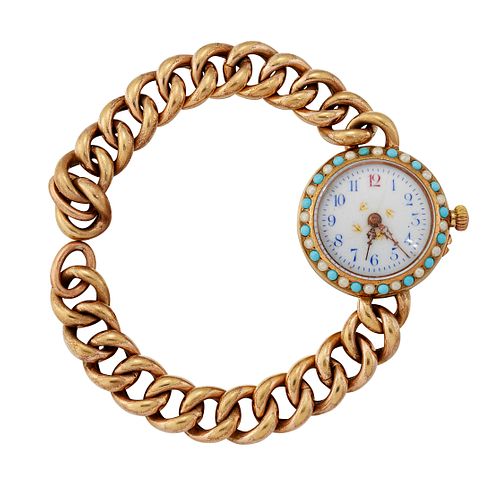 A LADYS TURQUOISE AND PEARL BRACELET WATCH. Circular white 
