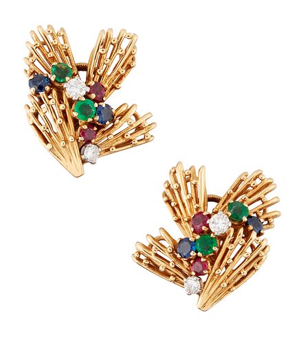 A PAIR OF 18CT GOLD DIAMOND, EMERALD, SAPPHIRE AND RUBY CLI