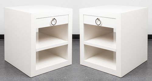 Modern White Lacquered End Tables, Pair