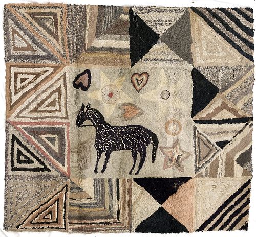 Folk Art Hooked Rug with Horse and Hearts