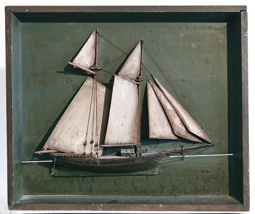 Early Carved Folk Art Sailboat Diorama