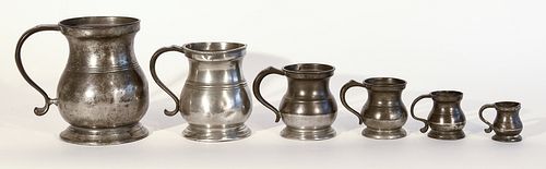 6 Early Graduated Pewter Tankards