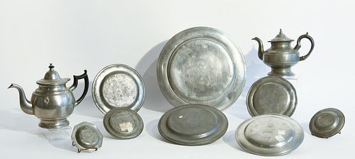 Eight Antique Pewter Dishes and 2 Pewter Tea Pots