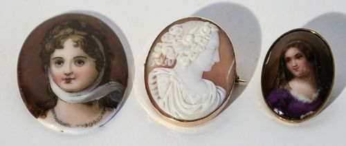 Early Jewelry - Cameo and 2 Portraits on Porcelain