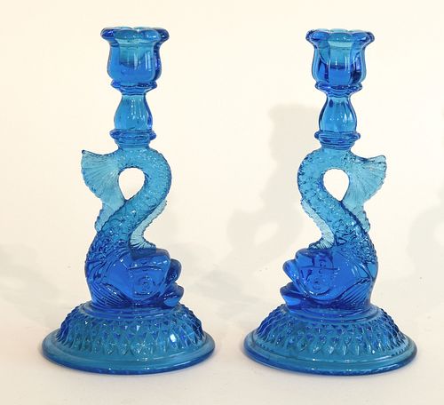 Dolphin Pressed Blue Glass Candlesticks