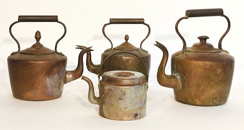 4 Antique Copper Tea Kettles