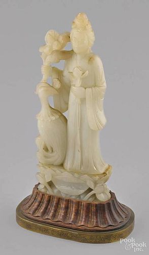 Chinese carved white jade Guanyin, 12'' h.
