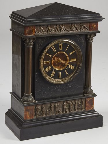 Large Bronze and Marble Tiffany Mantle Clock