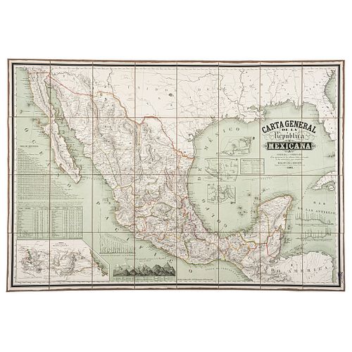 Decaen, José Antonio. Carta General de la República Mexicana. México, 1863. Mapa montado sobre lino, plegado, 79 x 117 cm.