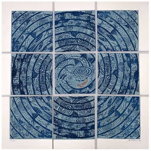 DAVID KUMETZ, Lluvia, Signed and dated 20, Woodcuts 3 / 15, Polyptych, 16.9 x 16.9" (43 x 43 cm), Pieces: 9