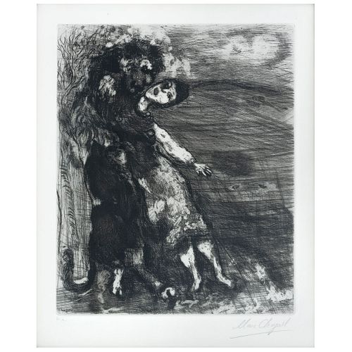 MARC CHAGALL, Le Lion Amoureux, from the series Les Fables de La Fontain, 1952, Signed in pencil and on plate, Etching H. C., 14.9 x 10.6" (38 x 27 cm