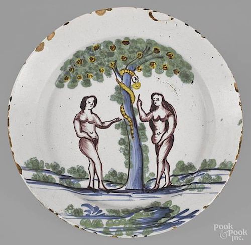 English Delft charger, mid 18th c., with polych