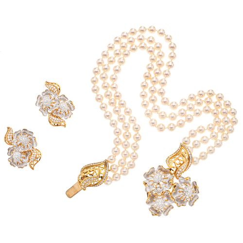 SET OF CHOKER AND PAIR OF EARRINGS WITH CULTIVATED PEARLS AND DIAMONDS IN WHITE AND YELLOW 18K AND 14K GOLD