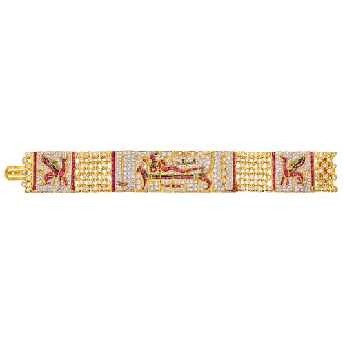 BRACELET WITH RUBIES, SAPPHIRES, EMERALDS & DIAMONDS IN 18K YELLOW GOLD, Box clasp with pressure safety, Weight: 69