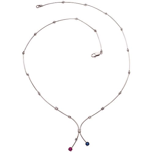 18K WHITE GOLD RUBY, SAPPHIRE AND DIAMONDS CHOKER Carabiner clasp. Weight: 7.7 g. Length: 16.3" (41.5 cm)