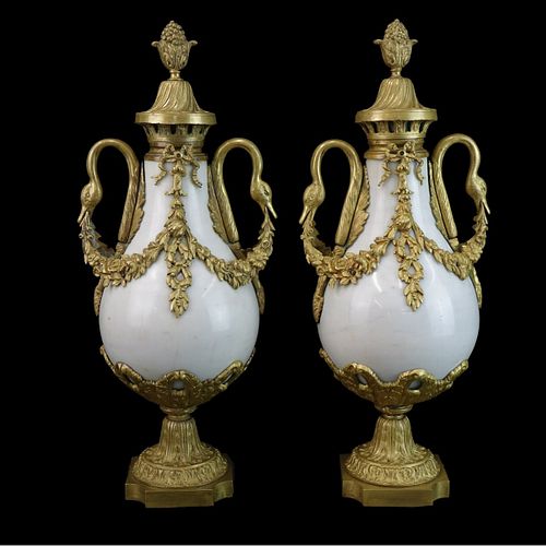 Pair of French Marble and Bronze Urns