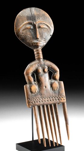 20th C. Ghana Ashanti Wood Carved Figural Comb (Duafe)