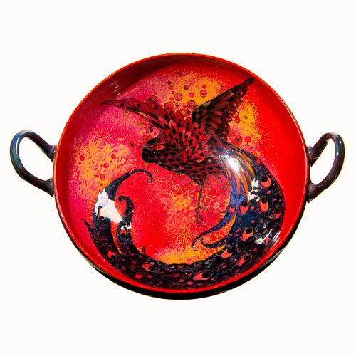 Royal Doulton Sung Flambe Two Handle Tazza with Bird Painted in Gold to Center.
