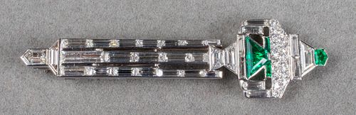 Art Deco Platinum, Diamond & Emerald Brooch / Pin