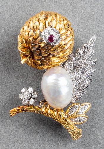 Vintage 18K Gold Diamond, Pearl & Ruby Bird Brooch