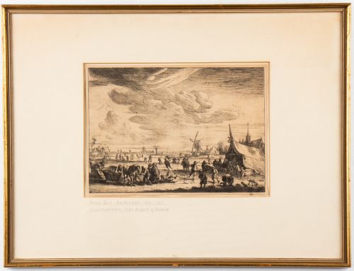 Pieter Bout "The Ice Skaters," Antique Etching