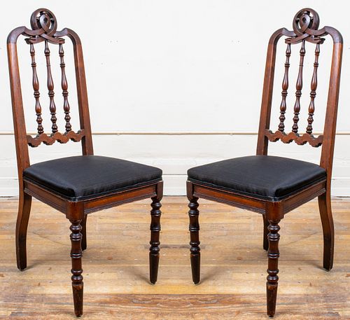 Carved Oak Side Chairs with Dolphin Crests, Pair